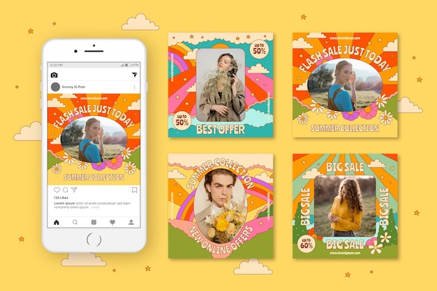 Vecteur collection de post instagram de vente groovy dessinée à la main