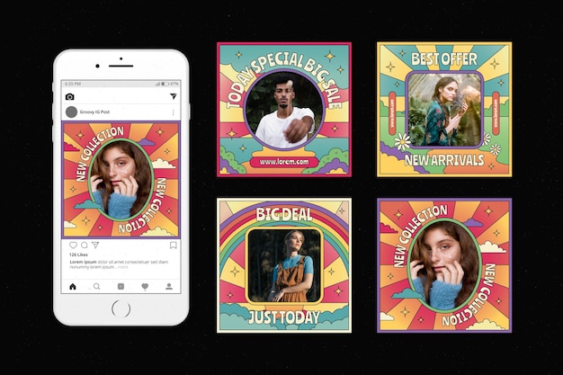 Collection de post instagram de vente groovy dessinée à la main