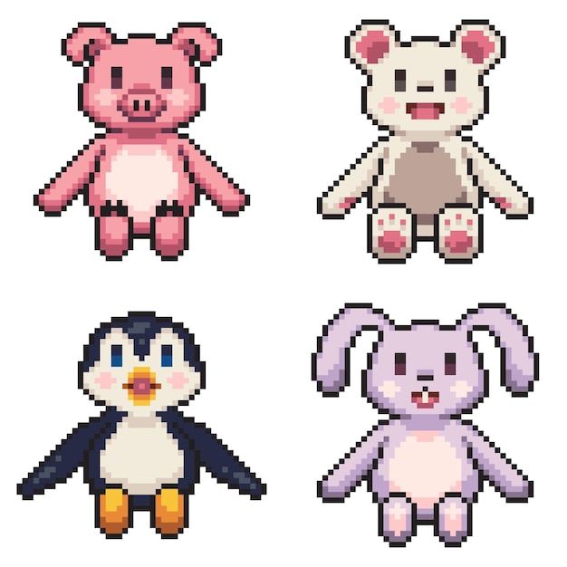 Collection De Poupées Animales Mignonnes Illustration Pixélisée 8 Bits