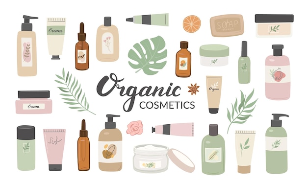 Collection De Produits Cosmétiques Bio De Beauté Pour Le Soin De La Peau, Du Corps Et Des Cheveux En Flacons Et Tubes