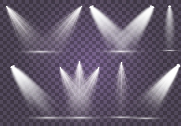 Collection de projecteurs pour l'éclairage de scène, effets transparents légers. Bel éclairage lumineux avec des projecteurs. Ensemble de projecteur blanc isolé.