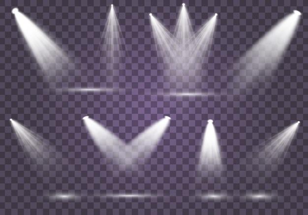 Collection de projecteurs pour l'éclairage de scène, effets transparents légers. Bel éclairage lumineux avec des projecteurs. Ensemble de projecteur blanc isolé.