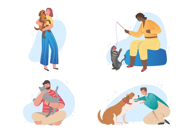 Vecteur collection de propriétaires d'animaux heureux hommes et femmes avec leurs chats et chiens amour pour les animaux et