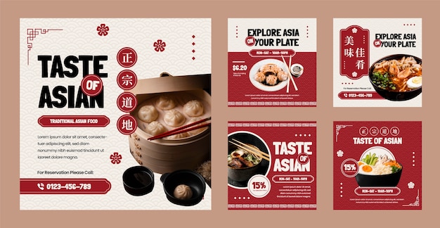 Vecteur collection de publications instagram d'affaires de restaurant de cuisine asiatique