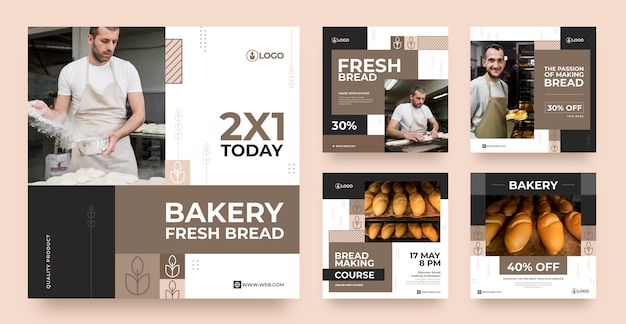 Collection de publications instagram de boulangerie minimale plate