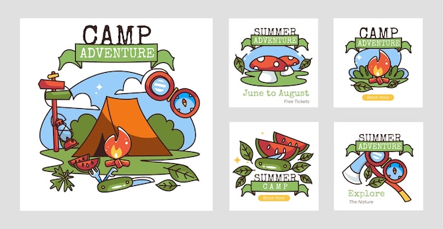 Collection de publications instagram de camping d'été plat