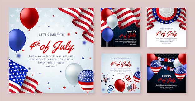 Vecteur collection de publications instagram dégradées pour la célébration américaine du 4 juillet