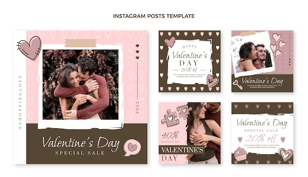 Vecteur collection de publications instagram dessinées à la main pour la saint-valentin