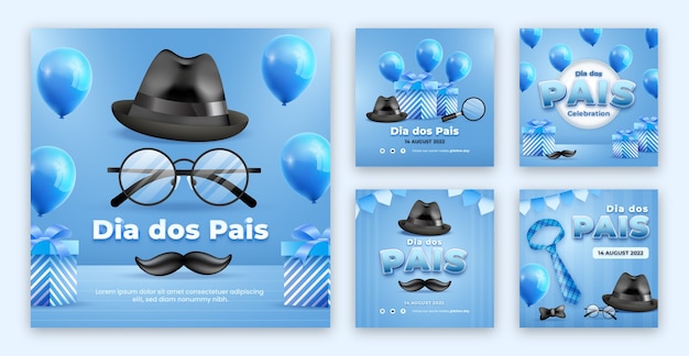 Vecteur collection de publications instagram dia dos pais réaliste avec des ballons