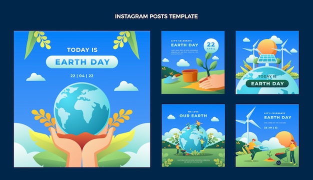 Vecteur collection de publications instagram du jour de la terre dégradé