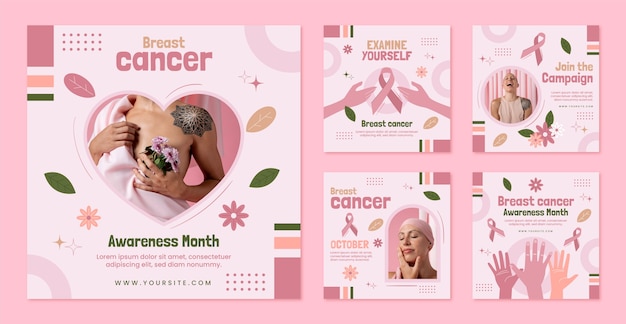 Vecteur collection de publications instagram du mois de sensibilisation au cancer du sein plat