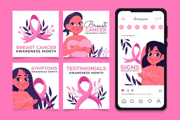 Vecteur collection de publications instagram du mois de sensibilisation au cancer du sein plat