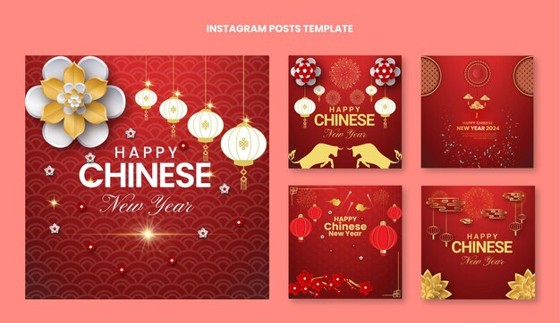 collection de publications instagram du nouvel an chinois dégradé réaliste