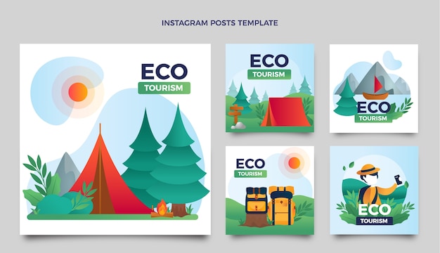 Vecteur collection de publications instagram sur l'écotourisme dégradé