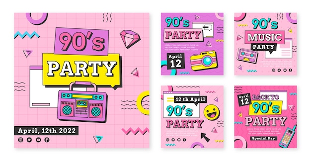 Collection de publications instagram de fête des années 90