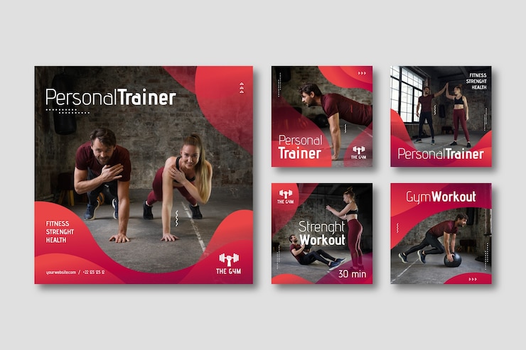Vecteur collection de publications instagram de gym dégradée