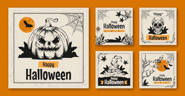 Collection de publications instagram halloween vintage dessinées à la main