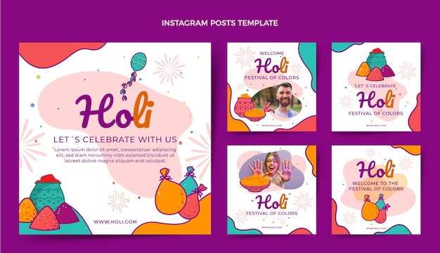 Vecteur collection de publications instagram holi dessinées à la main