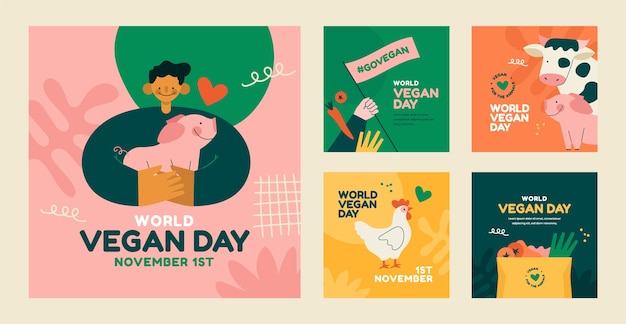 Vecteur collection de publications instagram de la journée mondiale des végétaliens plats