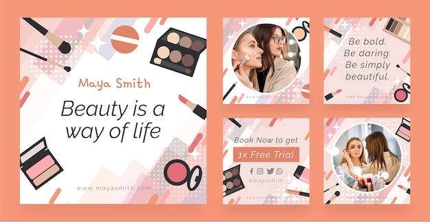 Collection de publications instagram de maquilleur design plat