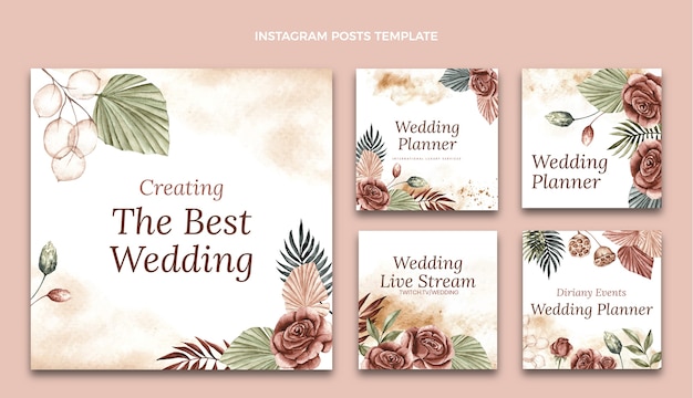 Vecteur collection de publications instagram de planificateur de mariage aquarelle