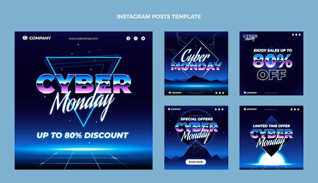 Vecteur collection de publications instagram à plat sur le cyber lundi