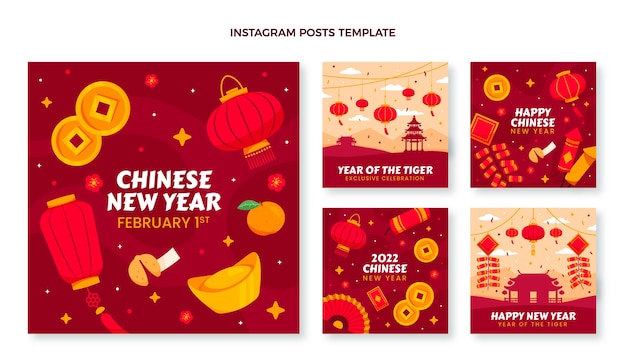 Vecteur collection de publications instagram à plat pour le nouvel an chinois