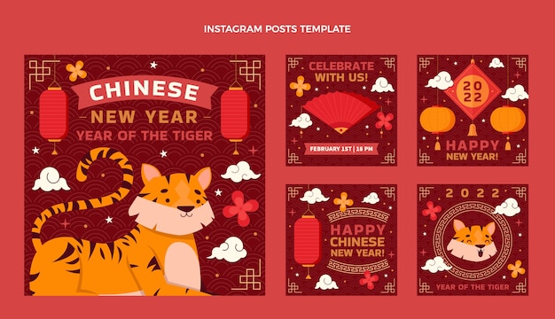 Vecteur collection de publications instagram à plat pour le nouvel an chinois