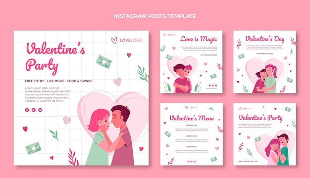 Vecteur collection de publications instagram à plat pour la saint-valentin