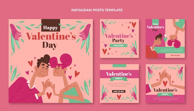 Vecteur collection de publications instagram à plat pour la saint-valentin