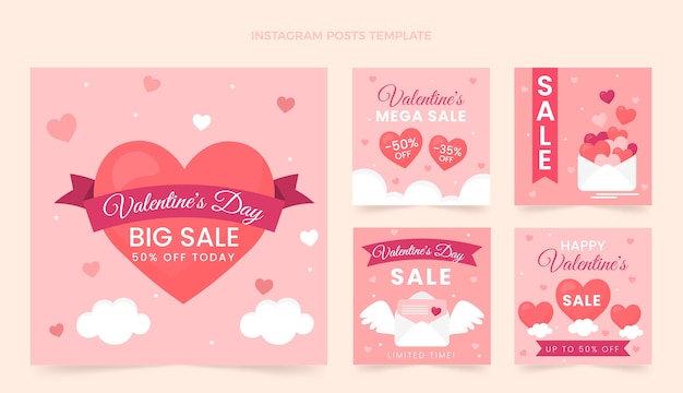 Vecteur collection de publications instagram à plat pour la saint-valentin