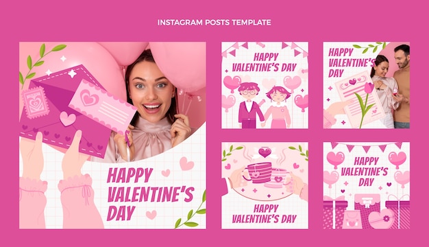 Vecteur collection de publications instagram à plat pour la saint-valentin