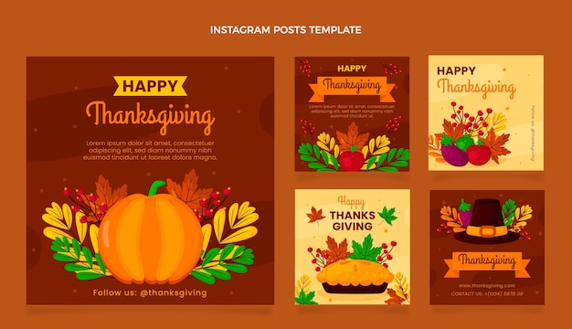 Vecteur collection de publications instagram à plat pour thanksgiving