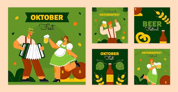 Vecteur collection de publications instagram plates pour le festival oktoberfest