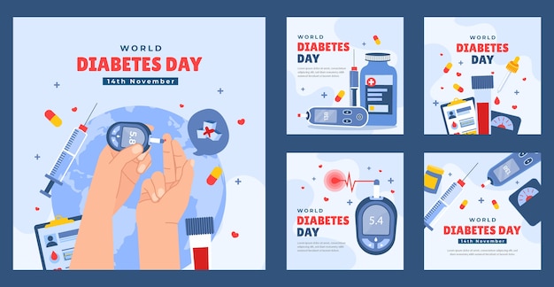 Vecteur collection de publications instagram plates pour la sensibilisation à la journée mondiale du diabète
