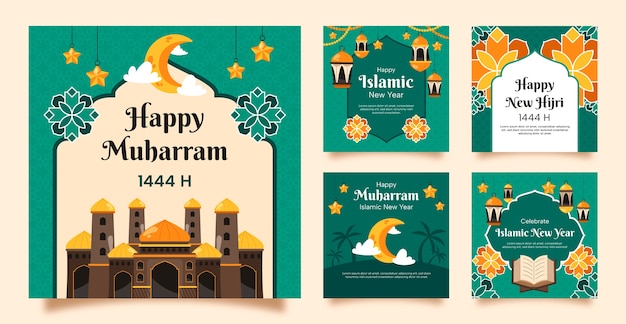 Vecteur collection de publications instagram pour la célébration du nouvel an islamique