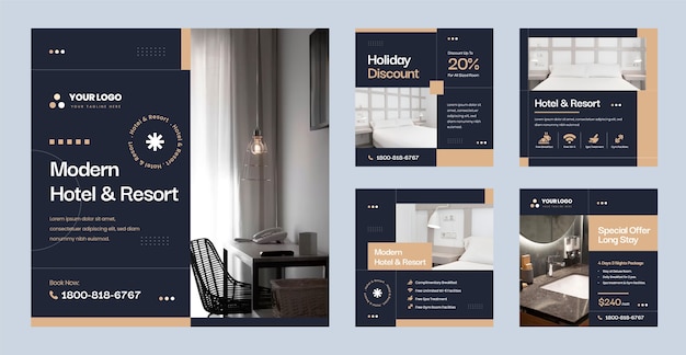 Vecteur collection de publications instagram pour l'hébergement à l'hôtel