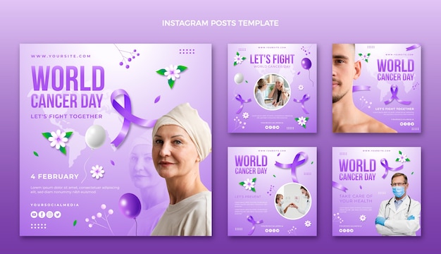 Vecteur collection de publications instagram pour la journée mondiale du cancer en dégradé