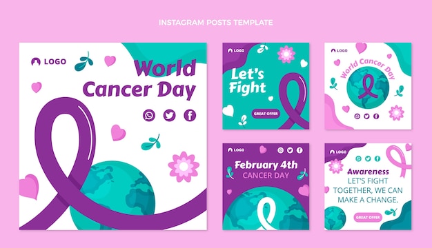 Vecteur collection de publications instagram pour la journée mondiale du cancer