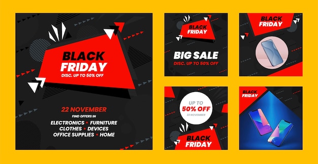 Vecteur collection de publications instagram pour les ventes du black friday