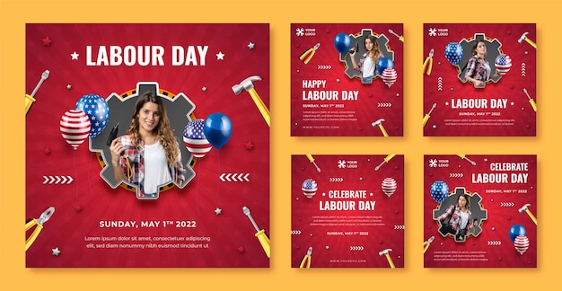 Vecteur collection de publications instagram réalistes pour la fête du travail