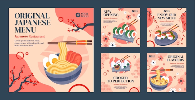 Vecteur collection de publications instagram de restaurant japonais plat