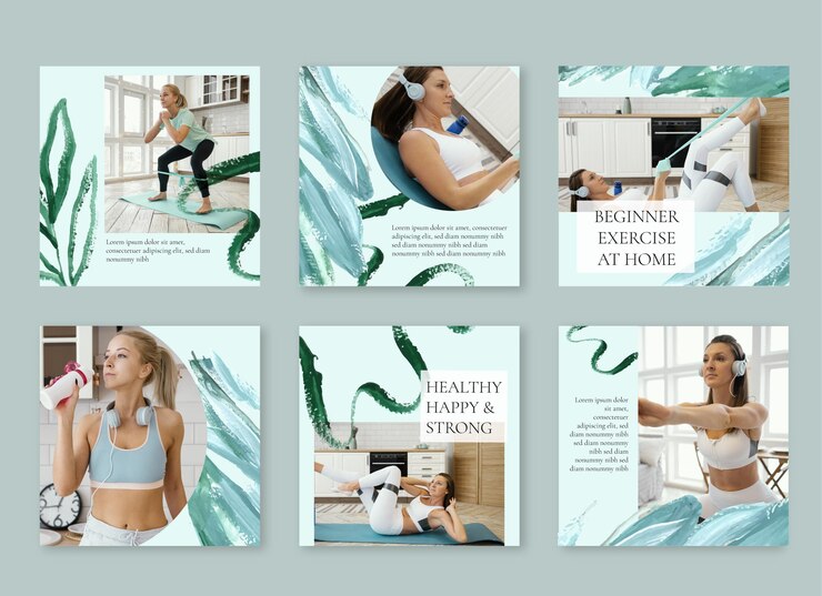 Vecteur collection de publications instagram sur la santé et la forme physique peintes à la main avec photo