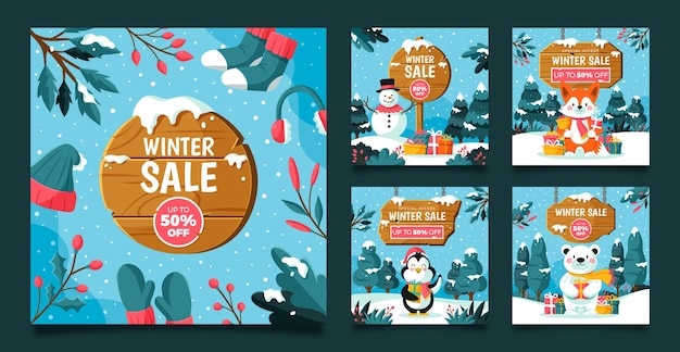 Vecteur collection de publications instagram de vente de saison d'hiver