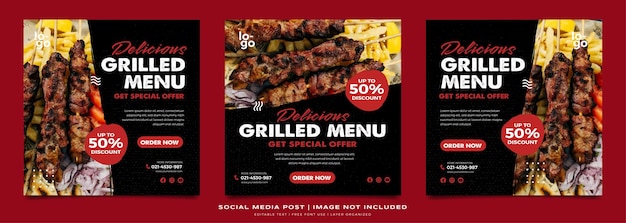 Collection de publications sur les réseaux sociaux pour la promotion du restaurant grill avec vecteur premium