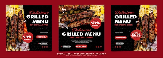 Collection De Publications Sur Les Réseaux Sociaux Pour La Promotion Du Restaurant Grill Avec Vecteur Premium