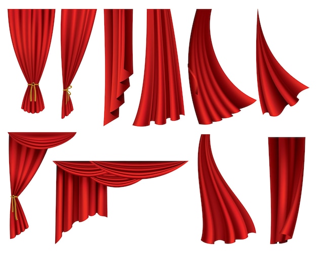 Vecteur collection de rideaux rouges réalistes décoration en soie de tissu de théâtre pour cinéma ou salle d'opéra rideaux et tentures objet de décoration intérieure isolé sur blanc pour scène de théâtre