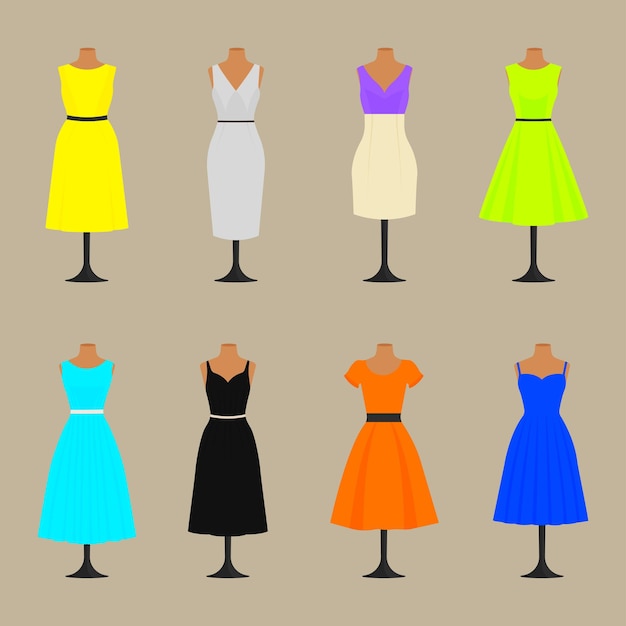 Une collection de robes colorées audacieuses sur des mannequins illustration vectorielle