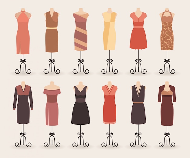 Collection de robes de mode femme shopping. Ensemble de robes de cocktail en soirée sur un mannequin.