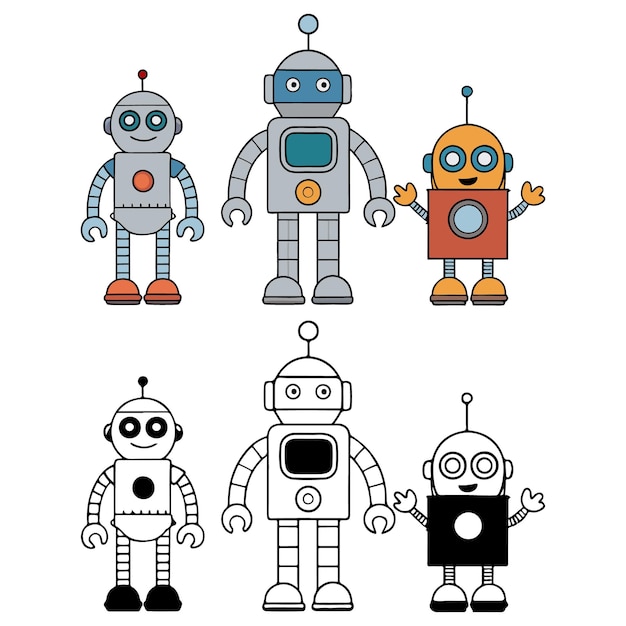 Collection de robots de dessins animés mignons et colorés dans différents styles